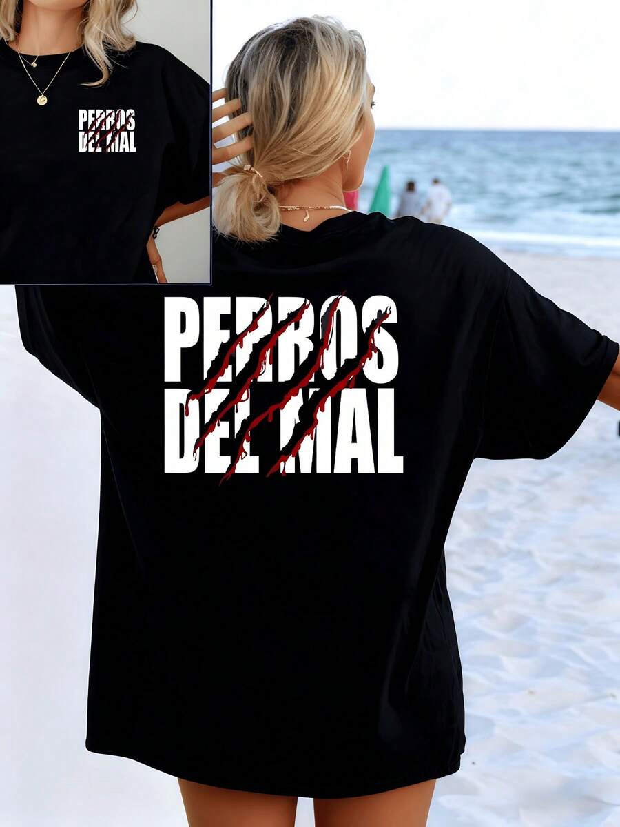 Red Claws Symbolizing Wild Strength And Rebellion Over Large Black Letters Conveying Energy And Inner Power. Modern Casual Double-Sided Women's T-Shirt - Black - View 1
