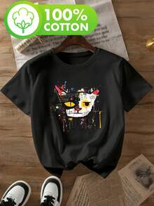 Women's T-Shirt With An Abstract Cat Face Print And Graffiti Art. Retro, Youthful Style Inspired By Internet Celebrities. Short-Sleeved T-Shirt For Women, 100% Pure Cotton, Crew Neck. Soft, Comfortable, And Casual. Available In Multiple Colors For Spring, Summer, And Fall-A Great Gift Choice. Women's T-Shirts. - 黑色 - 查看 1