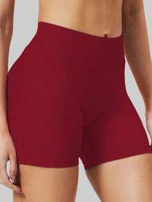 Pantalones cortos de yoga sin costuras de cintura alta para mujer - Levantamiento de glúteos elástico, adecuado para correr, fitness y actividades al aire libre| Apariencia de moda| Tela elástica de verano - Rojo - Ver 7