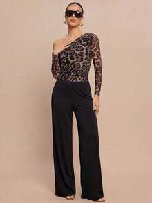 Body de manga larga con hombros transparentes y estampado de leopardo para mujer - Marrón 2 - Ver 5