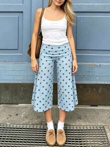 Women Casual Fold Over Loose Fit Capri Pant Leg Cropped Flowy Cotton Gaucho Pants Comfy Casual Yoga Coluttes Pajama Bottom Soft Comfortable Cropped Trouser Lounge Sleepwear Bottoms - 淺色水洗藍 - 查看 4