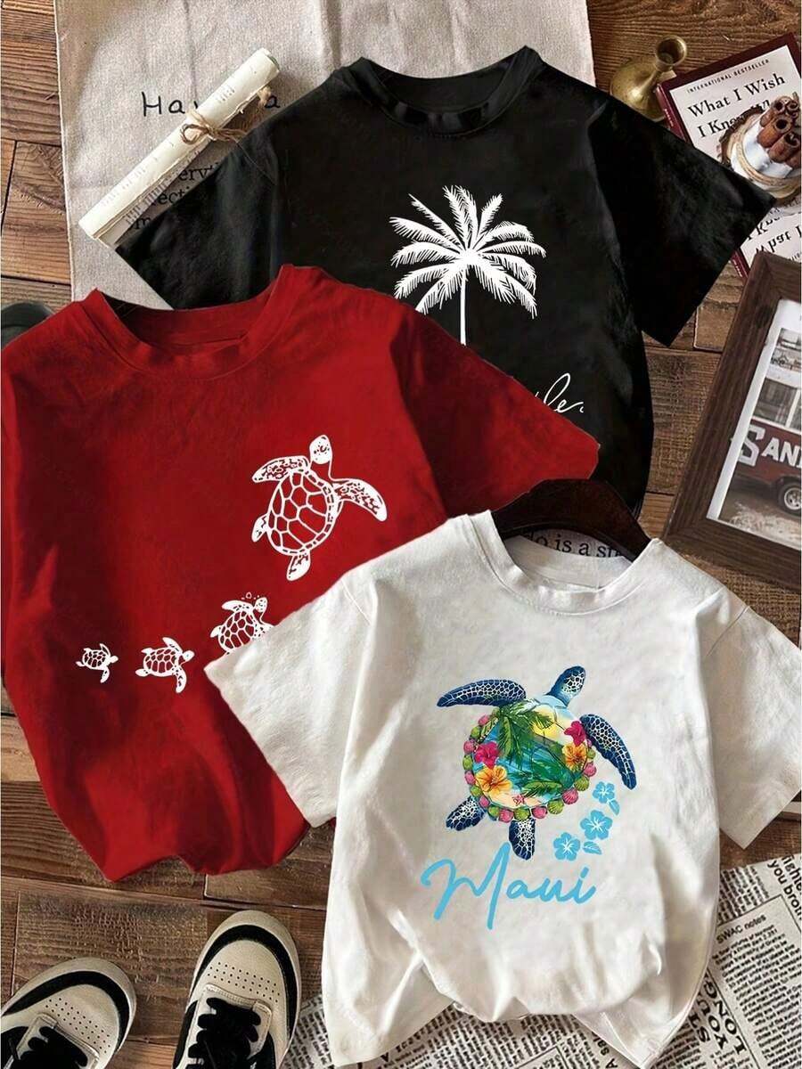Nuevo Modelo 2026 [Más Vendido] Conjunto de 1 pieza: Camiseta casual de manga corta con cuello redondo y estampado de tortuga para mujer - Blanco - Ver 1