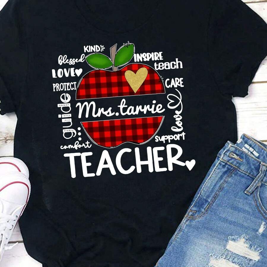 Personalized T-Shirt To Love, Guide, And Support Teachers, Teacher Life T-Shirt, T-Shirts For Women Teachers, Teacher T-Shirt, Gift For Teachers, Teacher Appreciation Gift, Customizable Teacher T-Shirt, Loose Fit, Casual Crew Neck T-Shirt For Women - 黑色 - 查看 1
