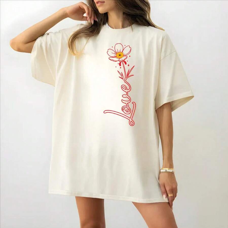 Women's Minimalist Floral Design T-Shirt "Peace Love Flower Line Art", Aesthetic Red T-Shirt With Floral Love Design, Cute Valentine's Day Gift. - 杏色 - 查看 1
