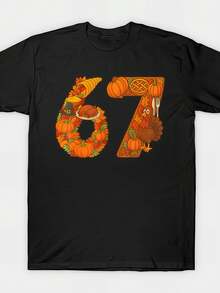 Festive Thanksgiving T-Shirt With The Humorous Meme "Six Seven 6 7" And Turkey Pie Design - 黑色 - 查看 8
