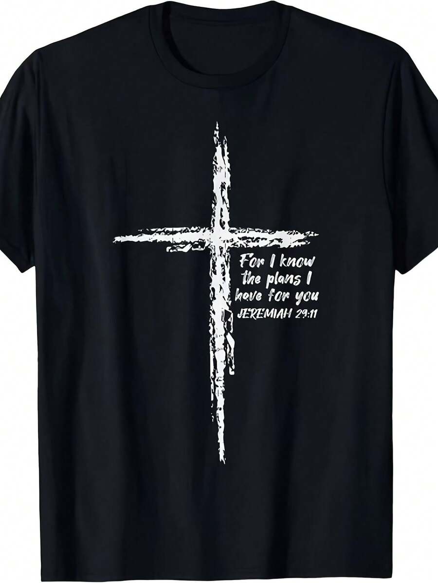For I Know The Plans I Have For You. Jeremiah 29:11. Christian Cross T-Shirt, Casual Short Sleeve Shirt, Breathable Summer Shirt With Fun Graphic Print, Gift, Friend, 's Day, Christmas, Easter, Thanksgiving, Birthday - 黑色 - 查看 1