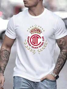Symbol Of The Deportivo Toluca Club With A Golden Crown And Stars Representing The Sporting Glory And Fighting Spirit Of The City. Men's Plus Size T-Shirts, 100% Cotton, Comfortable And Durable For Everyday Wear And Football Fans. - 白色 - 查看 1