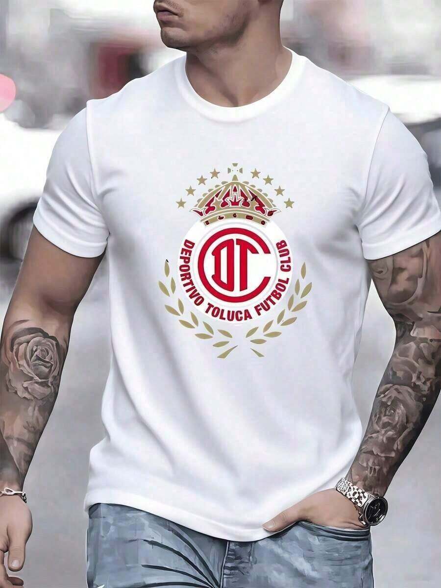 Symbol Of The Deportivo Toluca Club With A Golden Crown And Stars Representing The Sporting Glory And Fighting Spirit Of The City. Men's Plus Size T-Shirts, 100% Cotton, Comfortable And Durable For Everyday Wear And Football Fans. - 白色 - 查看 1