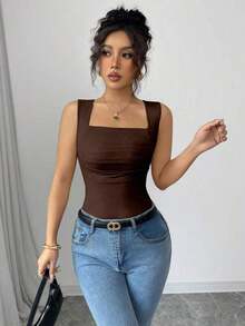 Camiseta sin mangas de verano ajustada de cuello cuadrado de unicolor elegante y casual para mujer - Café integral - Ver 4