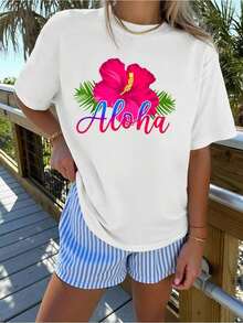 Camiseta Elegante de Manga Corta para Mujer con Estampado de Flores de Hibisco Hawaiano y Cuello Redondo, Adecuada para Primavera, Verano, Otoño e Invierno. Elegante, cómoda, suave y transpirable, es una nueva blusa casual versátil para el uso diario, vacaciones y desplazamientos. Disponible en tallas S-XXL, conjuntos de verano 2026 para mujer, conjuntos de vacaciones para mujer, atuendo para conciertos de country, atuendo para conciertos para mujer - camiseta unisex de manga corta y cuello redondo de algodón suelto estilo vintage urbano, 100% algodón puro. - Blanco - Ver 1