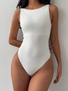 Body sin espalda de punto de unicolor casual para mujer - Blanco - Ver 2