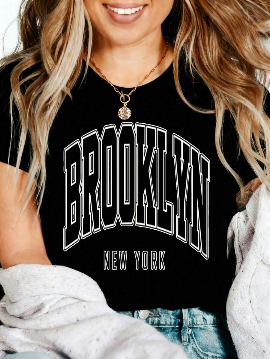 Brooklyn New York Graphic T-Shirt, 100% Cotton Oversized Soft Breathable Casual Crewneck Short Sleeve Top, Retro Streetwear Style Tee For Women & City Lovers - 黑色 - 查看 1