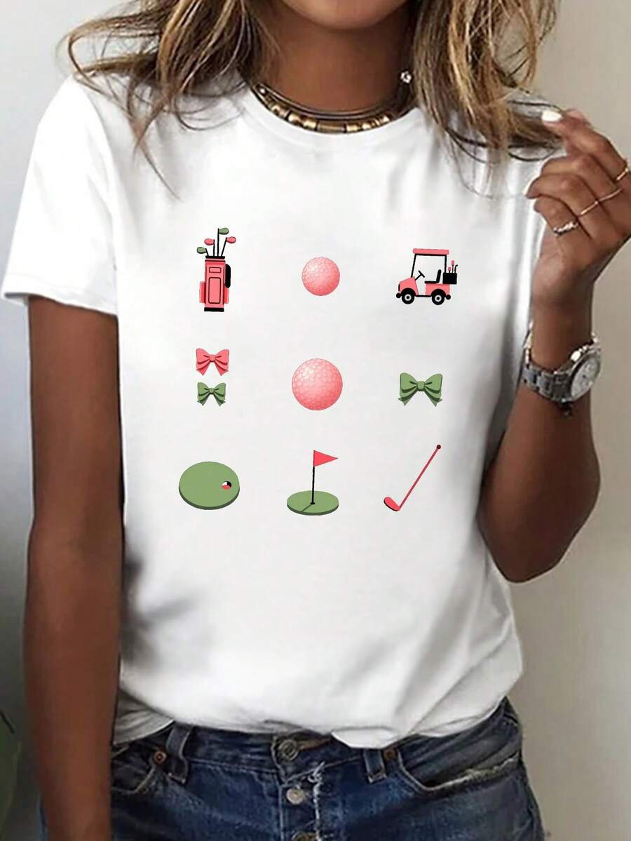 Camiseta casual de manga corta y cuello redondo con diseño de la y la cinta, perfecta para primavera y verano, diseñada para mujer - Blanco - Ver 1