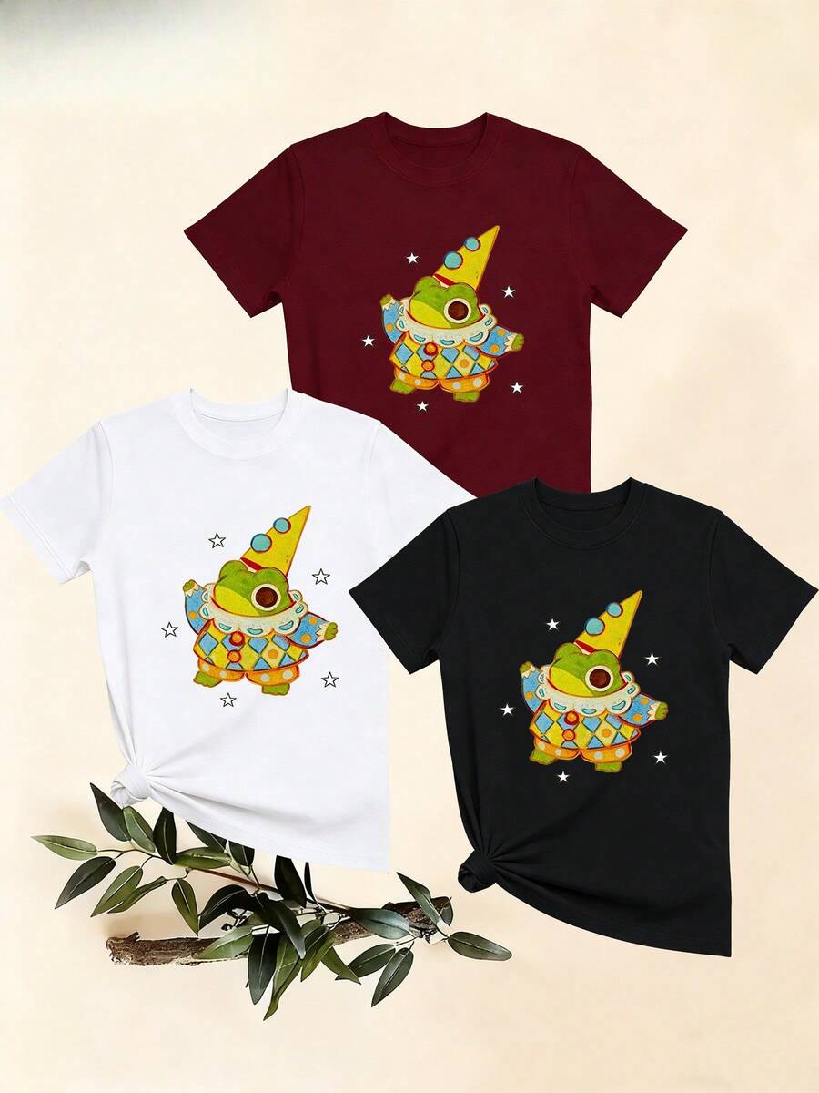 Women's T-Shirts, Women's T-Shirts, Casual One-Piece T-Shirt With A Cute Frog And Clown Print, Comfortable And Breathable, Suitable For Everyday Wear. - 1件白色隨機圖案 - 查看 1