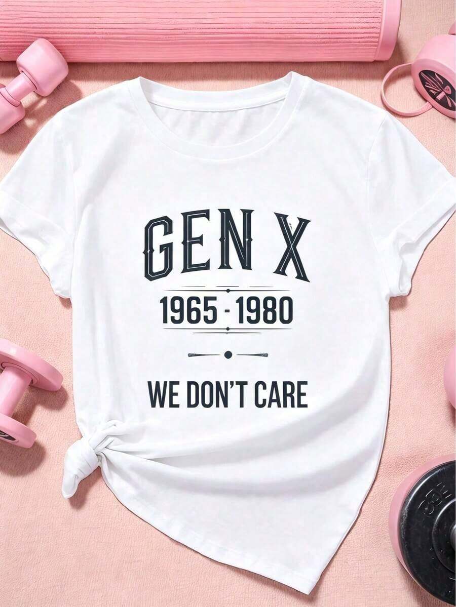 GiftGiftOversize Generation X - Camiseta de Talla Grande para Mujer con Estampado Retro Vintage de los Años 1965-1980 - "No nos importa" - Camiseta Deportiva Casual de Manga Corta, Estampado Geométrico Blanco y Azul, Tejido No Tejido Transpirable, Cuello Redondo, Corte Holgado, Adecuada para Gimnasio y Uso Diario, SuaveSoft - Blanco - Ver 1