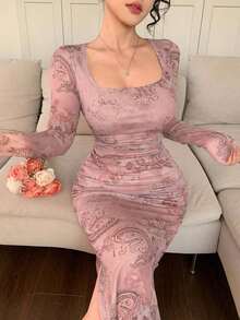 Vestido con estampado floral de primavera y verano, vestido elegante de manga larga transparente con dobladillo de sirena ajustado para festival de música, boda, fiesta, vestido de paseo - Rosa - Ver 2