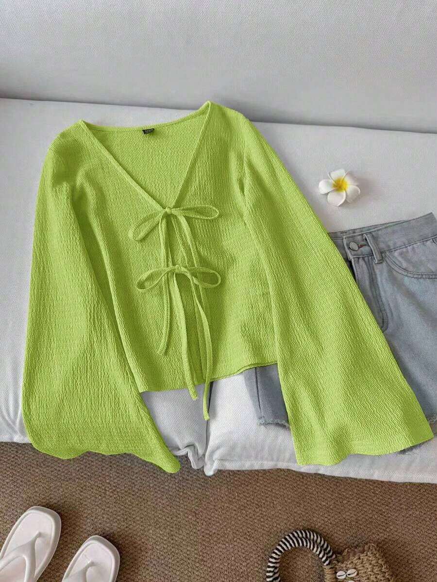 Blusa casual de mujer de manga acampanada con lazo, unicolor, top color burdeos, top rojo vino, top rojo oscuro, ropa estilo cottagecore, blusas rojas para mujer, casual - Verde 3 - Ver 1