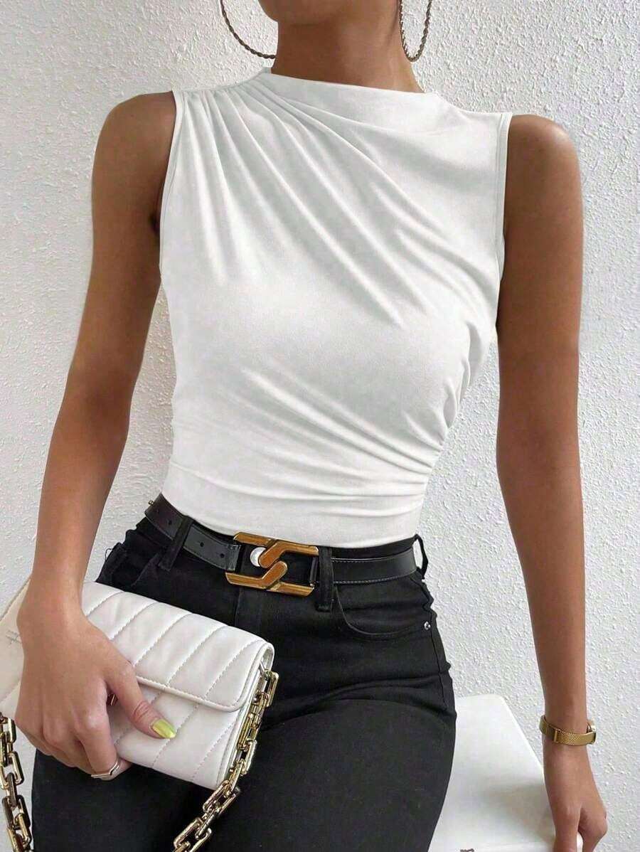 Camiseta sin mangas de corte slim con pliegues de unicolor minimalista para uso diario en verano para mujeres - Blanco - Ver 1
