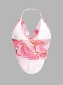 Top de cuello halter para fiesta sin espalda con fornteras drapeadas y diseño sólido - Rosa - Ver 7