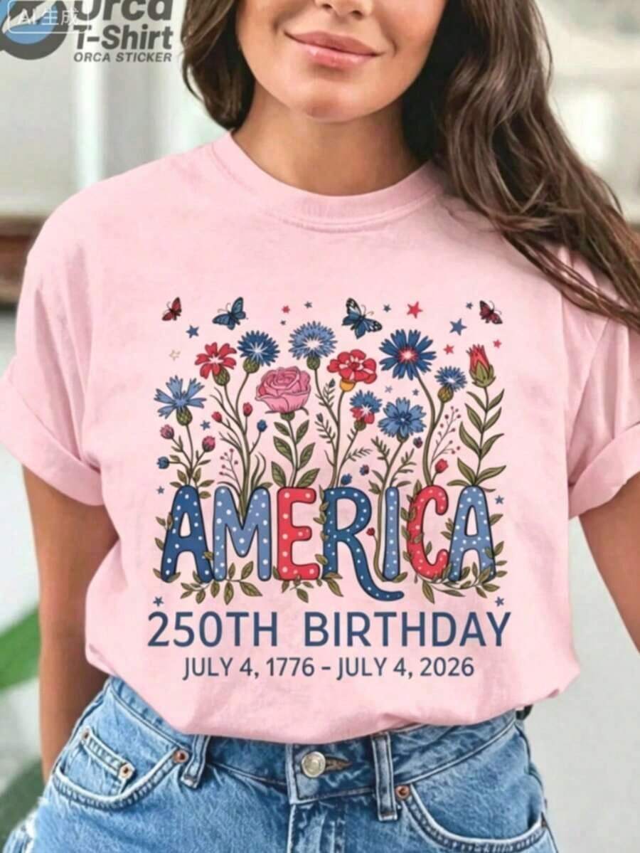 Graphic Tees USA 250th Anniversary Floral Design T-Shirt - Colorful Pattern Tee Featuring Blue, Red, And White Lettering Combined With Butterflies And Flowers - Comfortable Casual Crew Neck Tee, Plus Size - Ideal Gift For Independence Day, National Holidays, And Summer Gatherings - 100% Breathable Cotton For Summer - 粉色 - 查看 1