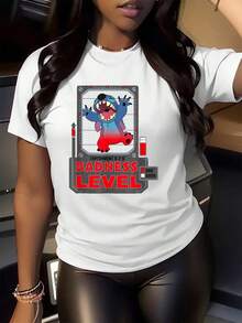 Fun Graphic Showing A Smiling Blue Character Raising Its Mischievous Level With Positive Energy, Indicating The Duality Between Good And Evil, Symbolizing Freedom And Modern Humor. Comfortable Casual Women's T-Shirt For Everyday Wear. - White - View 2