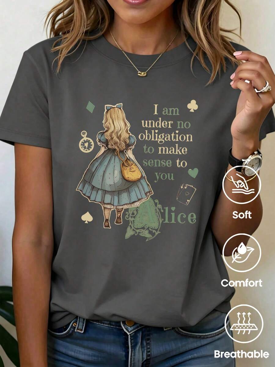 This Short-Sleeved, Crew-Neck T-Shirt With A Relaxed Fit Is Perfect For Summer. It Features A Fun, Retro-Chic Print Inspired By Alice In Wonderland. Ideal For Holidays, The Office, Outings, Everyday Wear, Dates, Parties, Meetings, And Urban Looks. A Versatile Piece With A Casual And Sporty Style, It Also Makes A Great Gift For Various Occasions. - 深灰色 - 查看 1