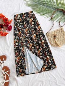 casual con estampado floral y dobladillo dividido para mujer - Negro - Ver 7