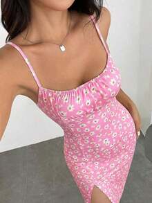 Vestido de playa para mujer con tirantes spaghetti y divisiones de tejido de punto impreso - Rosa - Ver 3