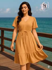 Women's Short Dress With Ruffles, Casual, Duna Style, Short Sleeve, Midi Length, Party Style, Evangelical Fashion, Elastic Waistband. - Caramel Brown - View 4