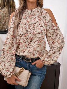 Camisa casual de hombro abierto para mujer con mangas de linterna y estampado floral pequeño, para primavera/verano - Albaricoque - Ver 1