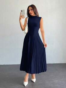 Vestido ajustado de línea A con pliegues elegante para mujer - Azul marino - Ver 4