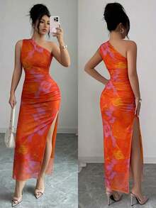 Vestido de noche de lujo para mujer, vestido sexy sin mangas con cuello asimétrico y estampado de teñido anudado - Naranja - Ver 7