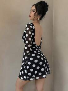 Vestido mini con espalda descubierta, mangas acampanadas y lunares para mujeres - Multicolor - Ver 6
