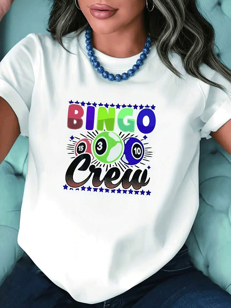 Camiseta holgada 2026, inspirada en los juegos de bingo, presenta colores brillantes y vibrantes, y está llena de el espíritu de la comunidad de juegos y el estilo casual americano. Camiseta blanca de manga corta, cuello redondo y estampada - lavable a máquina, estilo casual, ajuste cómodo, diseño elegante, versátil para el uso diario, tela suave, camiseta a la moda. - Blanco - Ver 1