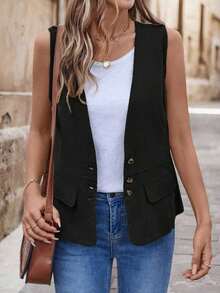 Chaqueta/chaleco casual con bolsillos y decoración de unicolor para mujer - Negro - Ver 3