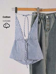 Parte superior de camisa de tirantes con cuello halter a rayas, camiseta de gráficos de verano para mujer - Celeste - Ver 1