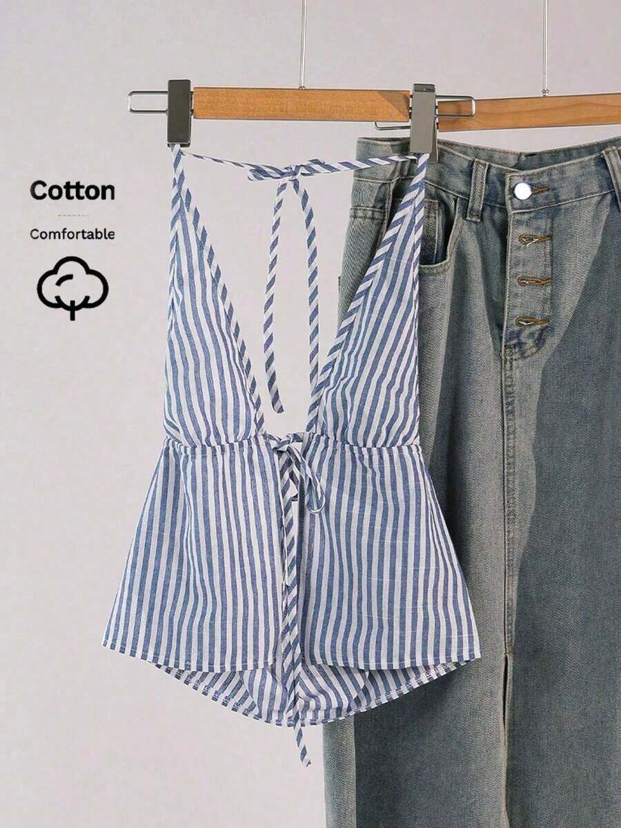 Parte superior de camisa de tirantes con cuello halter a rayas, camiseta de gráficos de verano para mujer - Celeste - Ver 1