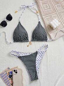 Conjunto de bikini reversible con estampado de lunares en contraste, con escote halter y nudo en la espalda, de estilo dulce y sexy, para vacaciones en la playa - Blanco y Negro 2 - Ver 7