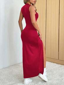 Vestido casual y elegante con abertura lateral, liviano para el verano - Rojo - Ver 2