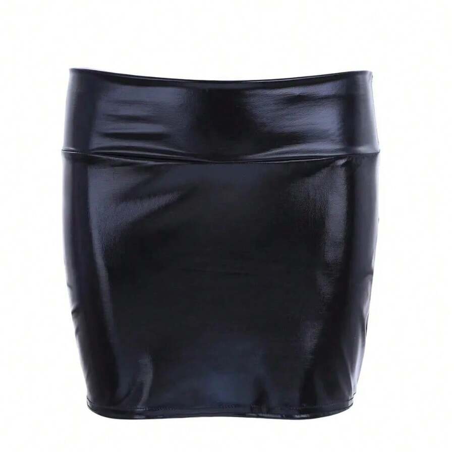 NUEVA Minifalda Metálica Ajustada de Cuero Sintético Elástica para Fiesta, Falda Lápiz Ajustada de Alto Brillo para Moldear el Cuerpo, Ideal para Fiestas - Negro - Ver 1