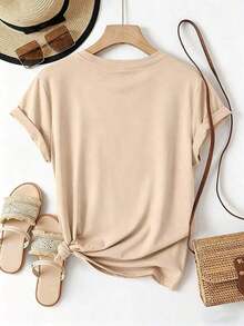 Camiseta de mujer talla grande de verano casual con estampado gráfico de bordado falso - Albaricoque - Ver 2