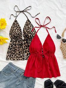 Set de 2 piezas Camiseta de tirantes con estampado de leopardo sexy para vacaciones, Blusa de cuello en V y espalda descubierta de tela texturizada roja para citas, té por la tarde, vacaciones, festivales de música, estilo bohemio - Multicolor - Ver 3