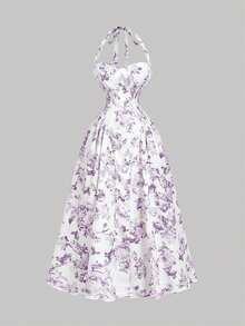 Vestido midi romántico de mujer con estampado floral y escote de halter - Morado Violeta - Ver 5