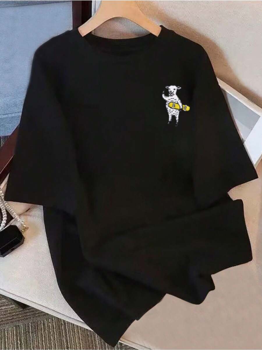Women's Casual Cotton Crew Neck T-Shirt - Fun Cartoon Dog And Honey Pot Print, Loose Fit, Breathable, Machine Washable, Soft Texture, Suitable For All Seasons. Simple T-Shirt For Everyday Wear. - Black - View 1