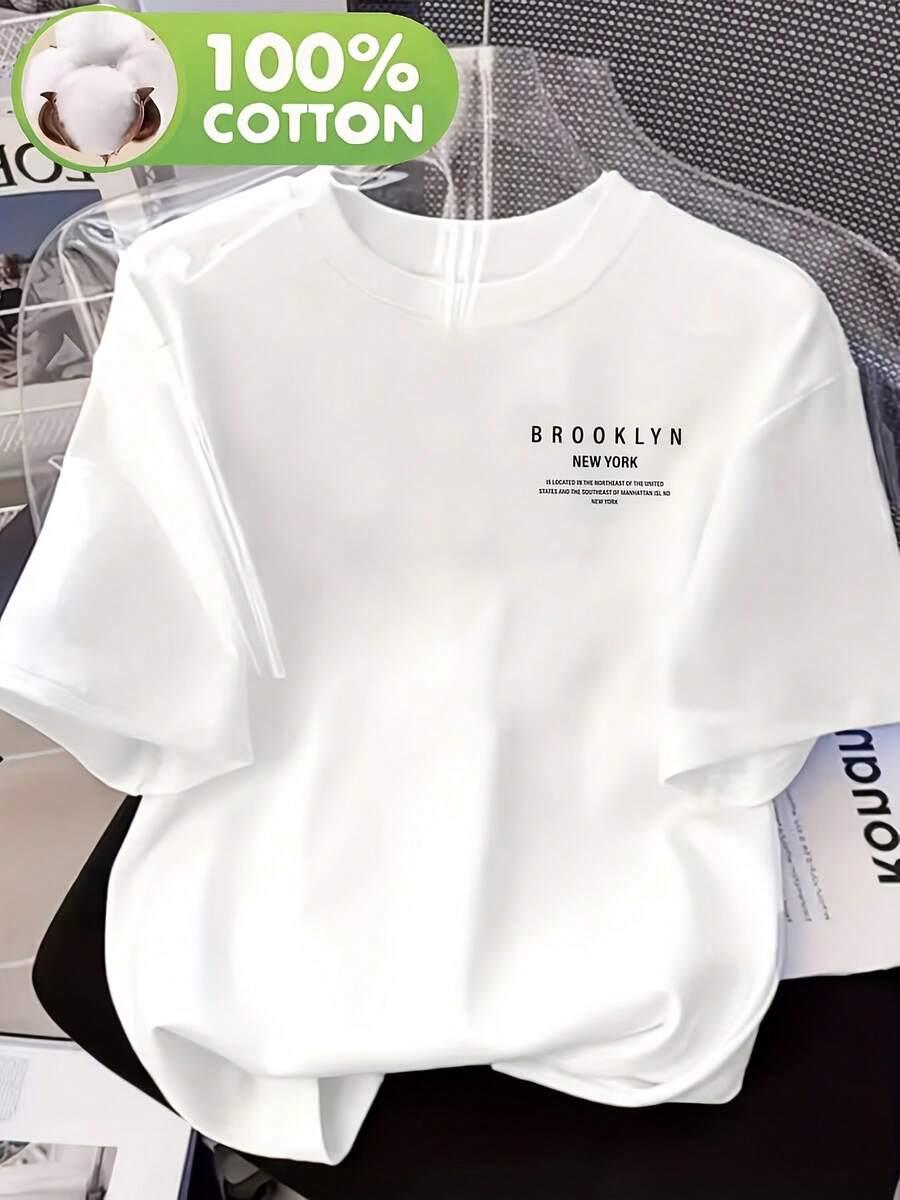 Camiseta popular de manga corta con cuello redondo y estampado de letras; Camiseta de mujer 100% ; Corte Holgado; Top Casual para Mujer; Camiseta diaria cómoda y suave; Transpirable para todas las estaciones; Esencial para el uso en el hogar; Casual Style Ropa deportiva estilo Y2K, cuello redondo, 100% algodón, tejido suave, manga corta. - Blanco - Ver 1