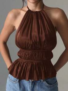 Camiseta sin mangas de satén con pliegues, cuello de halter y espalda descubierta, unicolor, de uso casual para mujer - Café integral - Ver 6