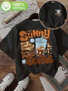 [Double-Sided Printing] Fashionable Women's Top, Women's Summer Clothing, American Style, Coffee Color, Printed With The Word Sunny, Round Neck, Pure Cotton Short-Sleeved T-Shirt, Comfortable And Soft, Cotton T-Shirt For Daily Wear. - 黑色 - 查看 12