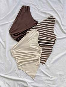 3 piezas Conjunto informal de verano de 2 piezas para mujer con parte superior de hombro asimétrico y bajo asimétrico, adecuado para volver al colegio, té de la tarde, casual, invitada a boda en la playa, brunch de graduación, Día de San Patricio, - Multicolor 7 - Ver 4
