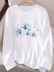Camiseta de Manga Larga con Cuello Redondo Blanco, Estampado Floral Azul Elegante, Ajuste Ligeramente Holgado, Esencial para Vacaciones Casuales, Lavable a Máquina No Limpieza en Seco, Tela Adecuada para Todas las Estaciones - [Blanco] - Ver 2