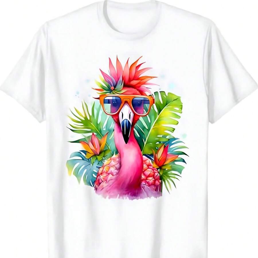 Camiseta de fiesta de flamenco rosa pájaro tropical con gafas de sol - Blanco - Ver 1